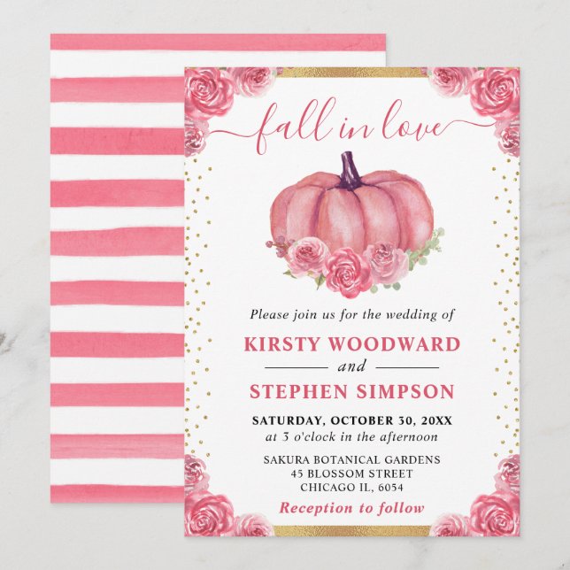 Pink Floral Pumpkin Fall Wedding Invitation (Front/Back)