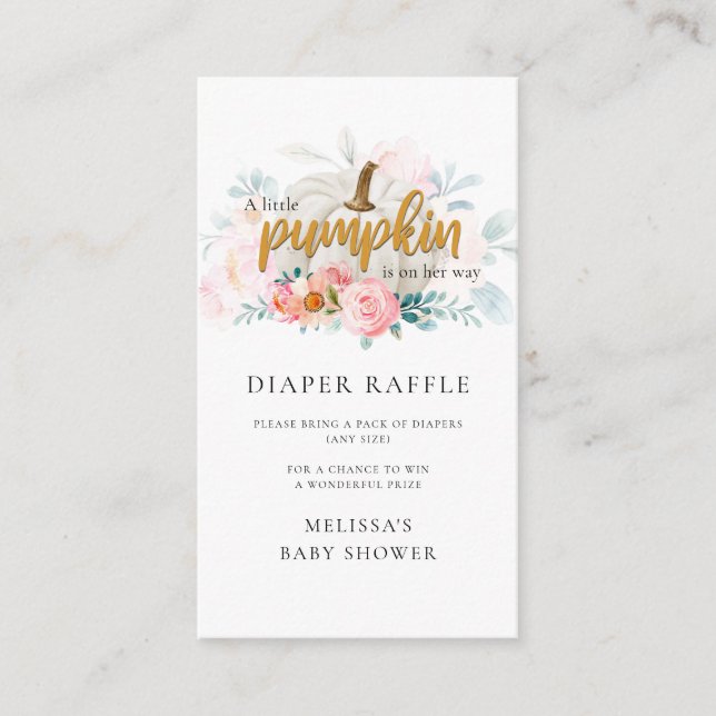 Pink Floral Pumpkin Girl Baby Shower Diaper Raffle Enclosure Card (Front)