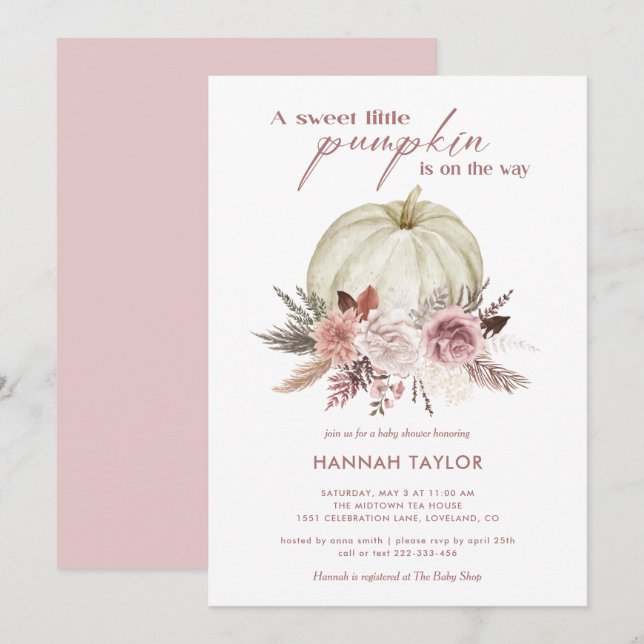 Pink Floral Pumpkin Girl Baby Shower Invitation (Front/Back)