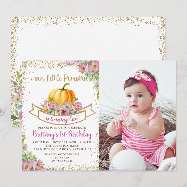 Pink Floral Pumpkin Glitter Girl Birthday Photo Invitation (Front/Back)
