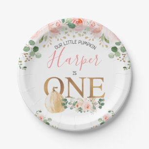 Pink Floral Pumpkin Gold First Birthday Party  Paper Plate