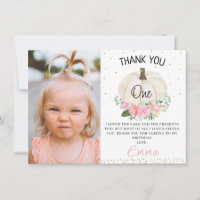  Pink Floral Pumpkin Photo Birthday Thank You Card
