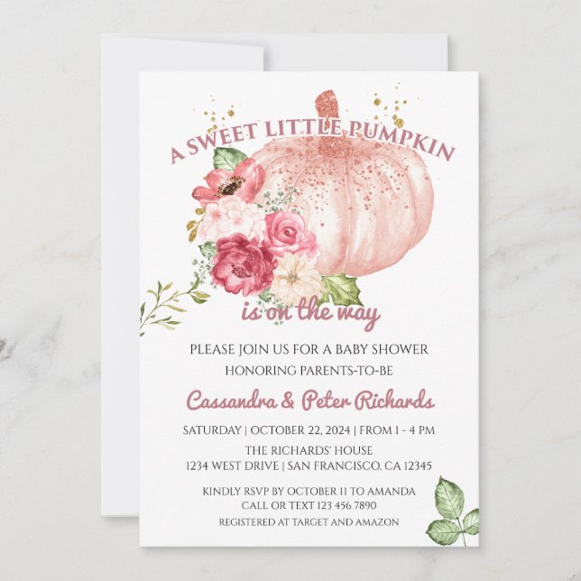 Pink Floral Pumpkin Pink Gold Baby Girl Shower Invitation (Front)