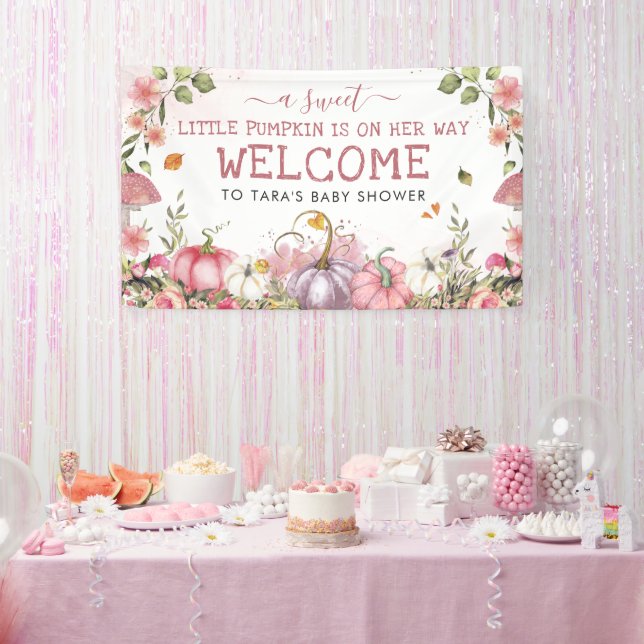 Pink Floral Pumpkins Autumn Baby Shower Welcome Banner (Party)