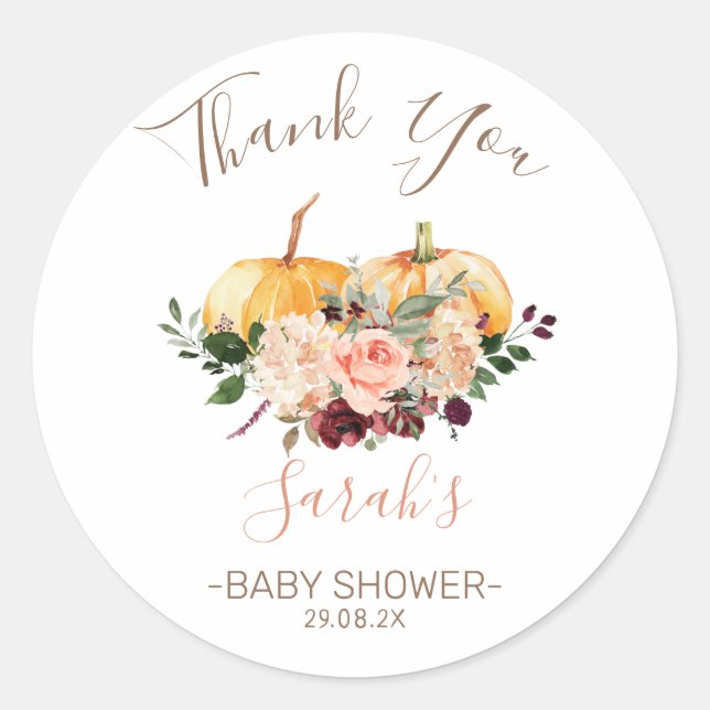 Pink Floral Pumpkins Baby Shower Favor Sticker (Front)
