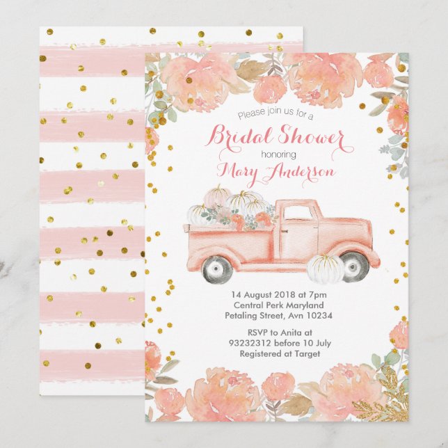 Pink Floral Pumpkins Truck Rustic Bridal Shower Invitation (Front/Back)