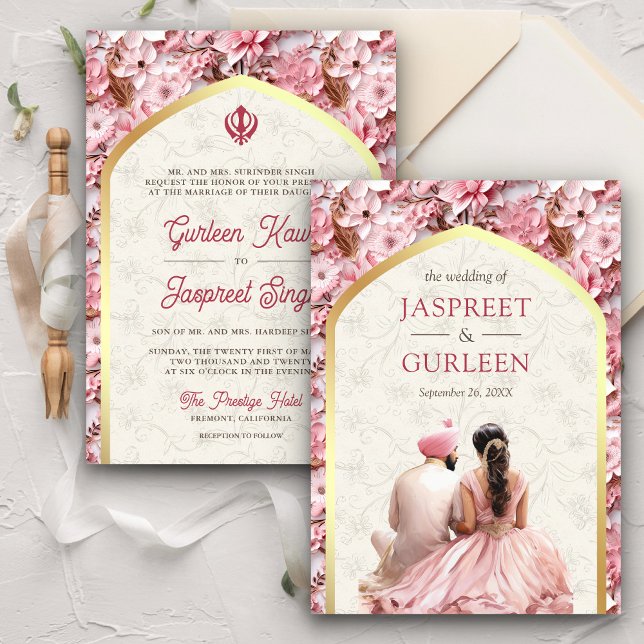 Pink Floral Punjabi Anand Karaj Sikh Wedding Invitation (Creator Uploaded)