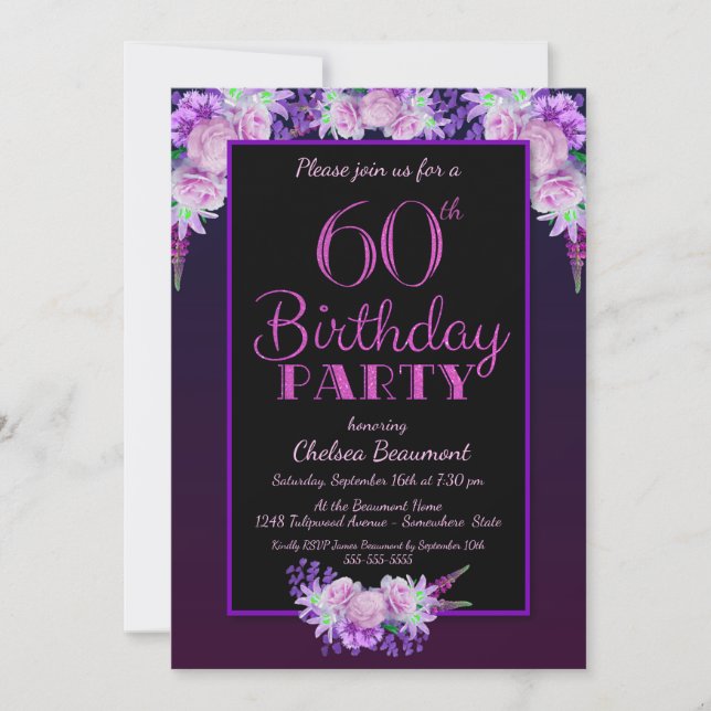 Pink Floral Purple 60th Birthday Party Invitation (Front)