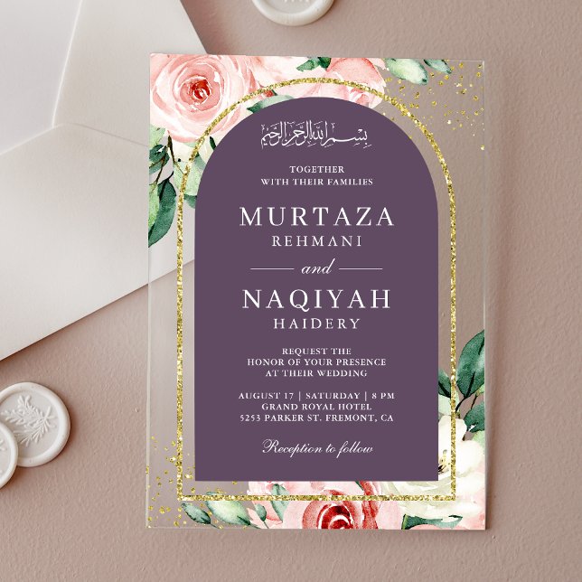 Pink Floral Purple Arch Muslim Wedding Acrylic Invitations (Creator Uploaded)