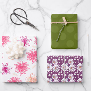 Pink Floral, Purple Daisies & Olive Green Wrapping Paper Sheet