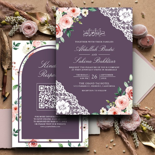 Pink Floral Purple Lace QR Code Muslim Wedding Invitation (Creator Uploaded)