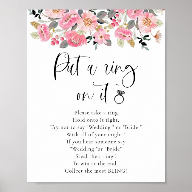 Pink Floral Put a Ring on It Bridal Shower Game Poster (Front)