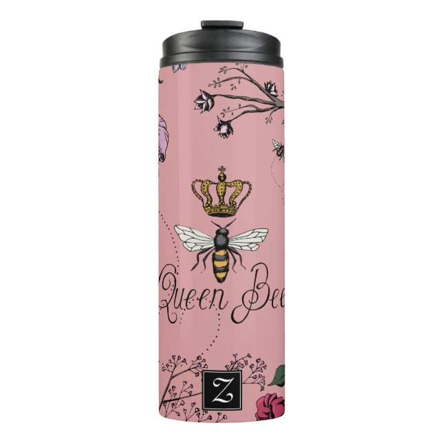 Pink Floral Queen Bee & Gold Crown Monogram Thermal Tumbler (Front)