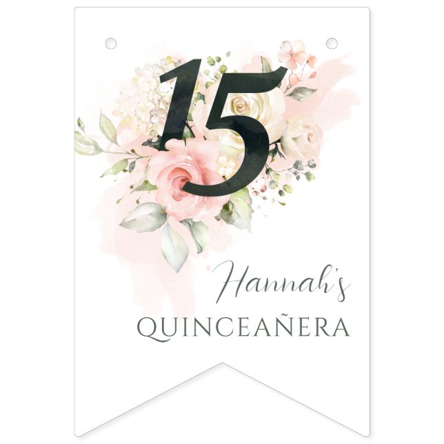 Pink Floral Quinceanera 15th Birthday Party Bunting (First Flag)