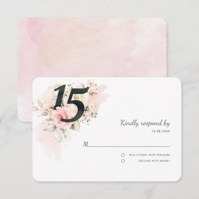 Pink Floral Quinceanera 15th Birthday Party RSVP Card (Front/Back)