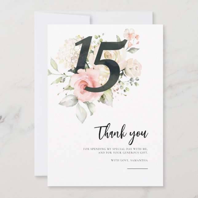 Pink Floral Quinceanera 15th Birthday Thank You Card (Front)