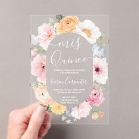 Pink Floral Quinceanera Acrylic Invitation