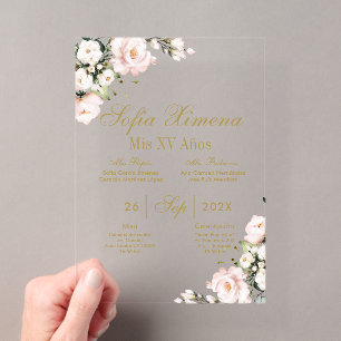 Pink Floral Quinceanera Acrylic Invitations