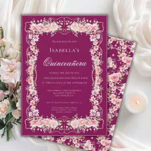Pink Floral Quinceañera Celebration 15 Elegant Invitation