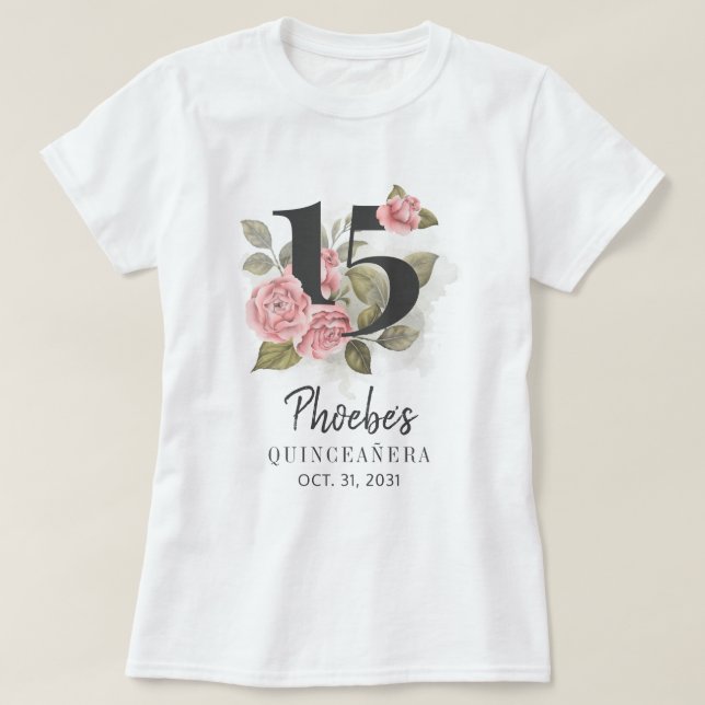 Pink Floral Quinceanera Daughter 15th Birthday T-Shirt (Design Front)
