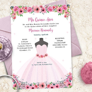 Pink Floral Quinceanera Dress Party Invitation