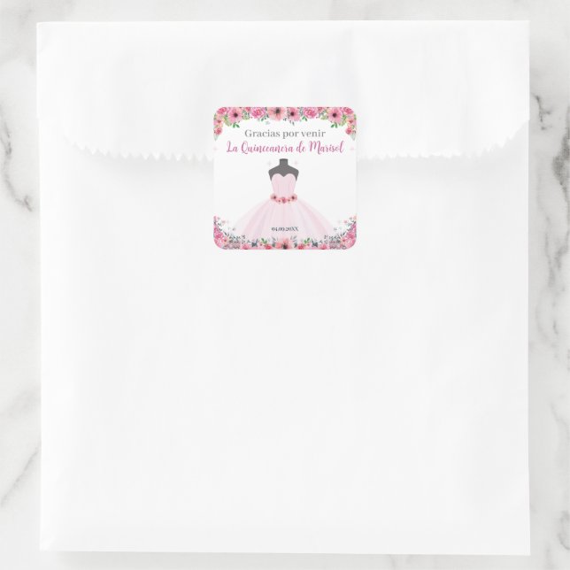 Pink Floral Quinceanera Dress Party Square Sticker (Bag)