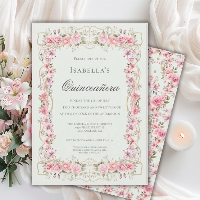 Pink Floral Quinceañera Elegant Celebration 15 Invitation (Creator Uploaded)