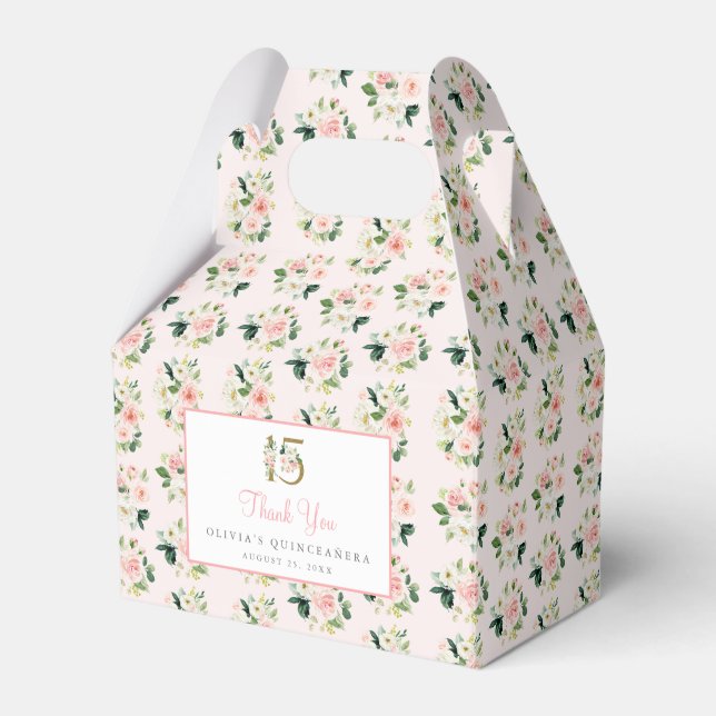 Pink Floral Quinceañera Favour Box Mis XV Roses 15 (Front Side)
