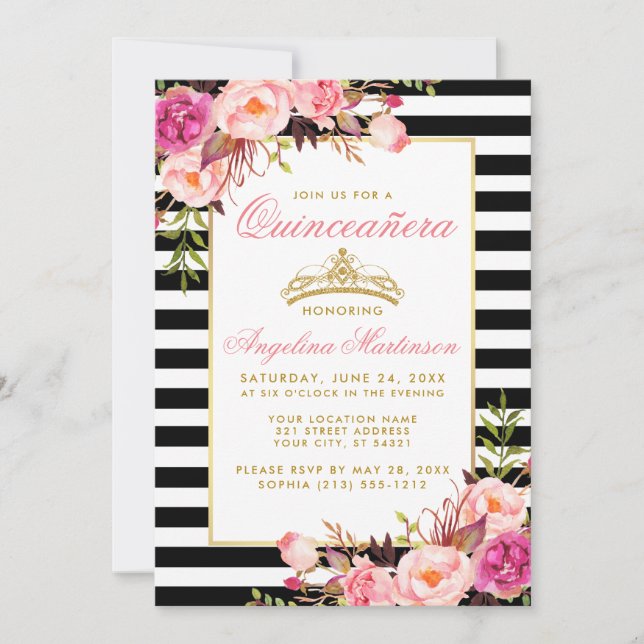 Pink Floral Quinceanera Gold Crown Striped Invitation (Front)
