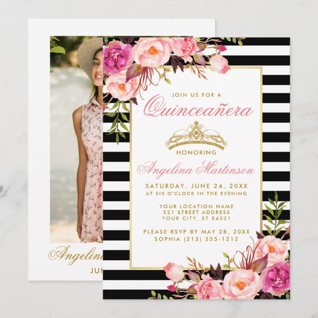 Pink Floral Quinceanera Gold Crown Striped Photo Invitation (Front/Back)