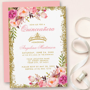 Pink Floral Quinceanera Gold Glitter Crown Invitation