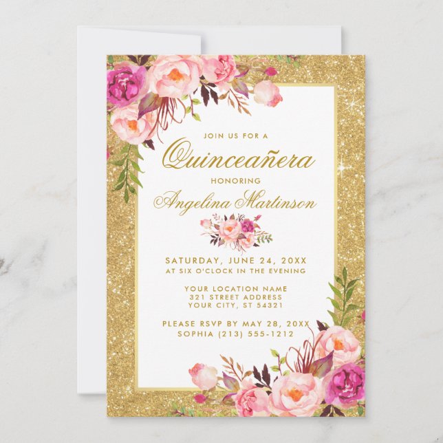 Pink Floral Quinceanera Gold Glitter Invitation (Front)