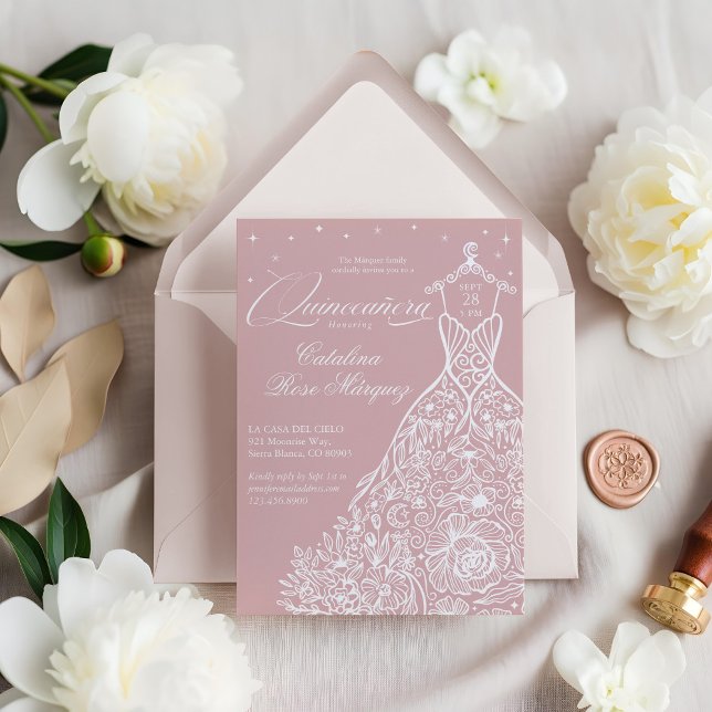 Pink Floral Quinceañera Gown Celestial Moon Stars Invitation (Pink Floral Quinceañera Gown Celestial Moon Stars Invitation)