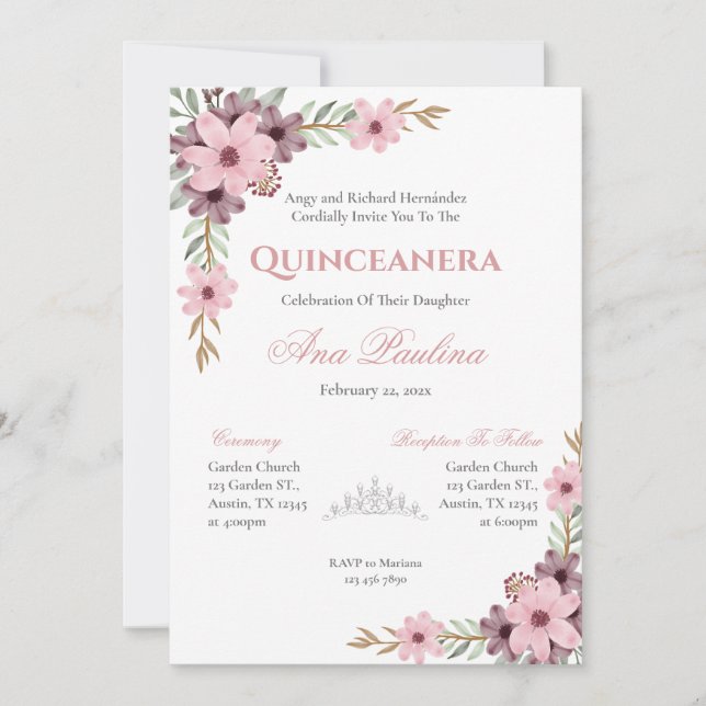 Pink Floral Quinceañera Invitation (Front)