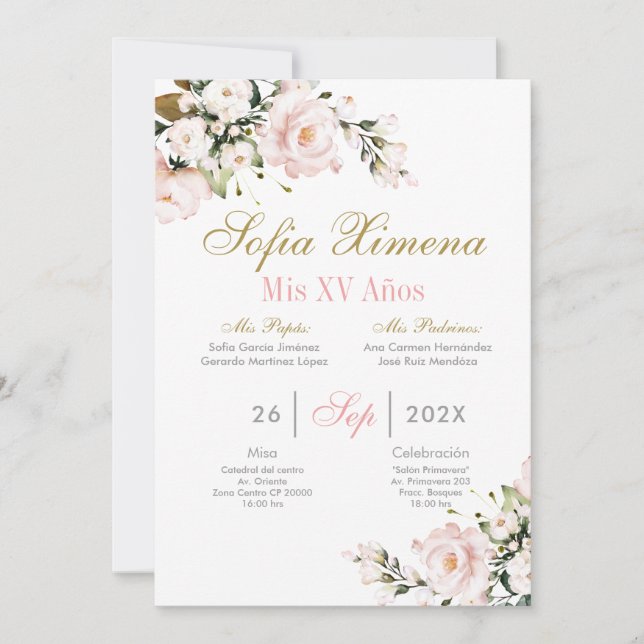 Pink Floral Quinceanera Invitation (Front)