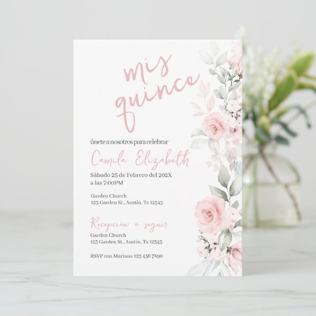 Pink Floral Quinceañera Invitation (Standing Front)