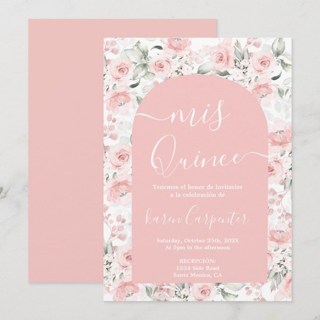 Pink Floral Quinceanera Invitation (Front/Back)