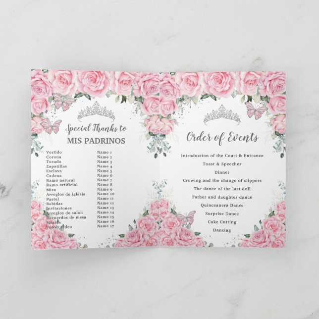 Pink Floral Quinceañera Order of Events Padrinos  Programme (Inside)