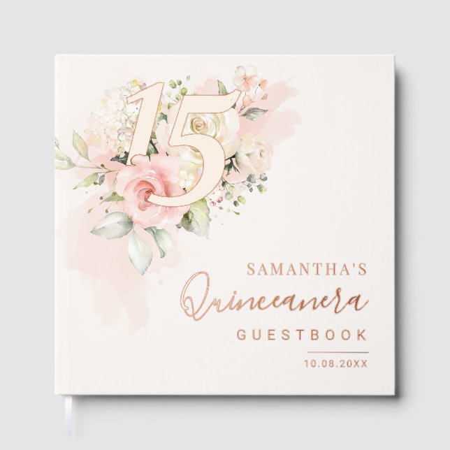 Pink Floral Quinceanera Party Rose Gold Foil Guest Book (Front)