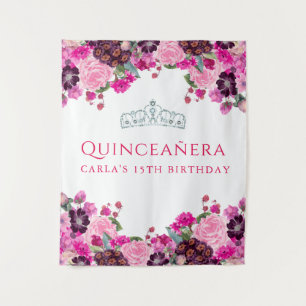 Pink Floral Quinceanera photo backdrop Tapestry