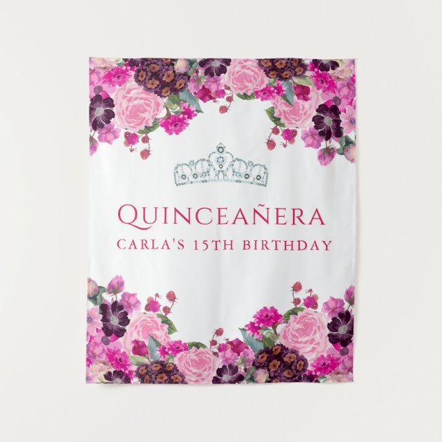 Pink Floral Quinceanera photo backdrop Tapestry (Front)