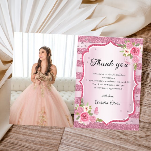 Pink Floral Quinceanera Photo Thank You Card (Creator Uploaded)