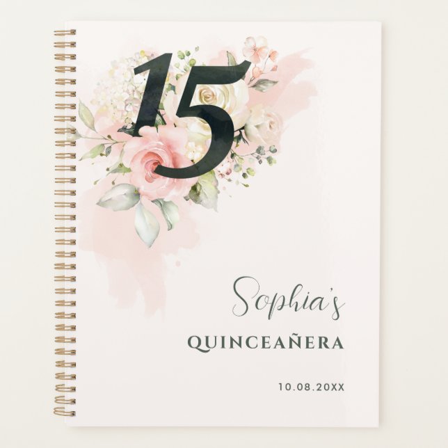 Pink Floral Quinceanera Rustic Blush 15th Birthday Planner (Front)