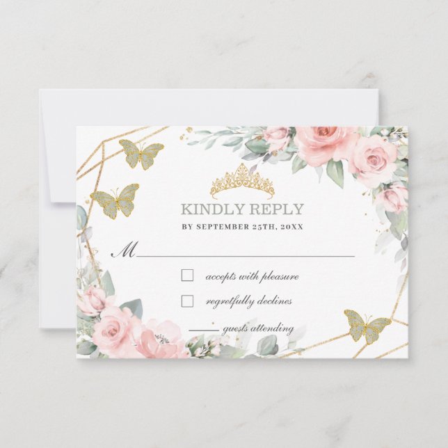 Pink Floral Quinceañera Sage Green Butterflies RSVP Card (Front)