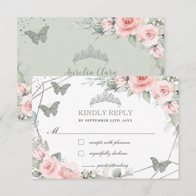 Pink Floral Quinceañera Sage Green Butterflies RSVP Card (Front/Back)