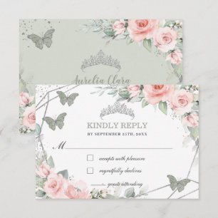 Pink Floral Quinceañera Sage Green Butterflies RSVP Card