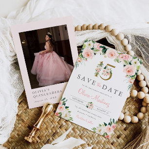 Pink Floral Quinceañera Save the Date Photo Roses