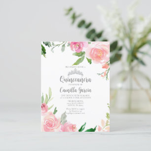 Pink Floral Quinceañera Silver Tiara Invitation Postcard
