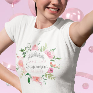 Pink Floral Quinceañera Silver Tiara Personalised T-Shirt
