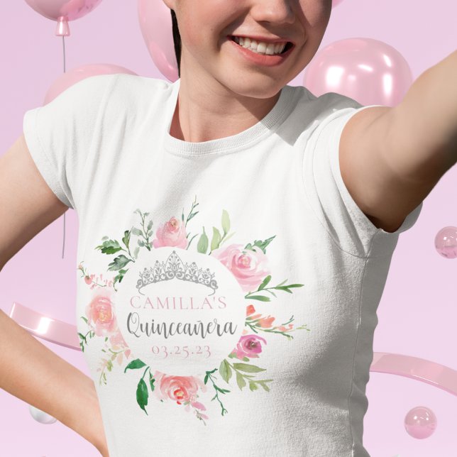 Pink Floral Quinceañera Silver Tiara Personalised T-Shirt (Creator Uploaded)